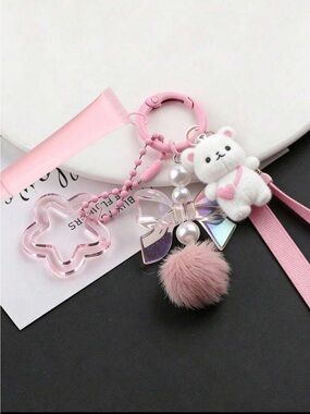 2/$25 Japan Pink Cute Bear Pom-Pom Keychain with refillable lipstick.